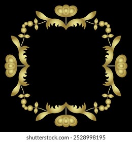 Square floral frame with stylized flowers. Botanical rectangular with blooming branches. Folk style. Golden glossy silhouette on black background.