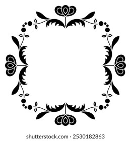 Square floral frame with stylized flowers. Botanical rectangular with blooming branches. Folk style. Black and white silhouette.