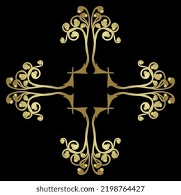 Square floral frame with stylized trees. Rectangular cross ornament. Golden glossy silhouette on black background. Medieval illuminated manuscript style.