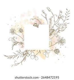 Square floral frame with subtle watercolor splashes and fine line botanical drawings. Includes wild herbs, flowers, and bee. Ideal for eco-themed branding, cards, or packaging labels.