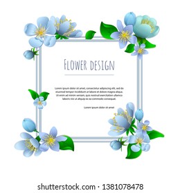 Square floral frame with text for promotion, invitation, presentation, advertising. Vector. Blue flowers.