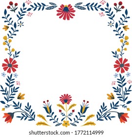 Square floral frame in traditional Scandinavian folk style. Template for greeting card, invitation or postcard with colorful ornamental elements like flower and leaf.