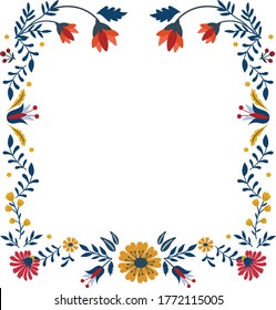 Square floral frame in traditional Scandinavian folk style. Template for greeting card, invitation or postcard with colorful ornamental elements like flower and leaf.