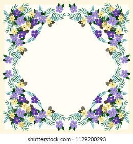 Square floral frame from wild charming flowers. Country style. Greeting card template. Design artwork for the poster, invitation, calendars, shawls. Place for text. 