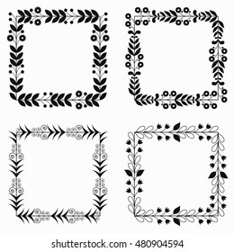 Square floral frames borders silhouette of flowers