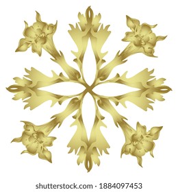 quadratisches geometrisches, florales Design. Symmetrische Fliesenverzierung mit sakralen Datura-Blumen und Blättern. Apfelpflanze für Jimsonweed oder Dorn. Glocke, goldene Silhouette.