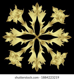 quadratisches geometrisches, florales Design. Symmetrische Fliesenverzierung mit sakralen Datura-Blumen und Blättern. Apfelpflanze für Jimsonweed oder Dorn. Glossige goldene Silhouette auf schwarzem Hintergrund.