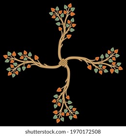 Square floral ornament. Cross with four stylized tree branches. Medieval folk style. On black background.