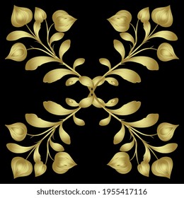 
Square floral ornament with four crossed blooming branches. Golden glossy silhouette on black background.