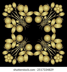 Square floral ornament or frame with branches of strawberry plant. Geometrical botanical design with leaves, flowers and berries. Golden glossy silhouette on black background.