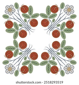 Square floral ornament or frame with branches of strawberry plant. Geometrical botanical design with green leaves, white flowers and ripe red berries. 