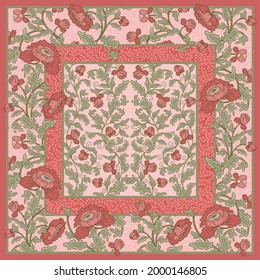 Square floral ornament. Pink intertwining flowers, pink background. Floral pattern for shawls, scarves, bandanas, shawls, kerchiefs, pocket shawls. 