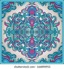 Square floral ornamental pattern. Can be used to design pillows, scarves, neckerchief, bandanna, cushion.