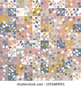 Square floral random girly seamless truchet graphic swatch. Botanical elements in tiles randomly arranged in a mosaic. Seamless repeat vector pattern motif.
