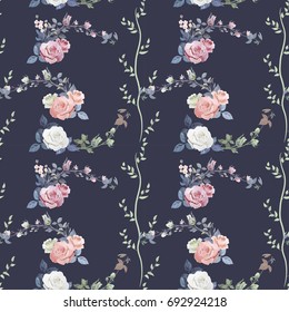 Square floral seamless pattern with branch curly pink, white, red roses, bouquet flowers, buds, green stems, leaves on dark background, digital draw illustration, vintage, vector