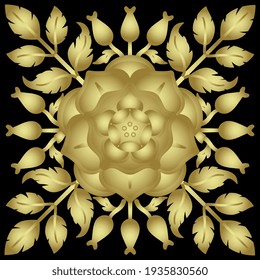 Square floral tile ornament with wild rose blossom and leaves. Botanical mandala. Golden glossy silhouette on black background.