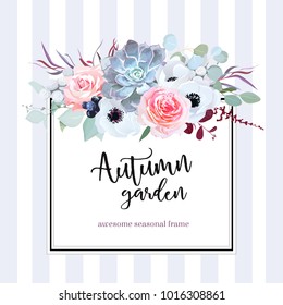 Square floral vector design card. Anemone, echeveria succulent, rose, brunia, black berry, eucalyptus, agonis.Wedding card.Simple backdrop with vertical stripes. All elements are isolated and editable