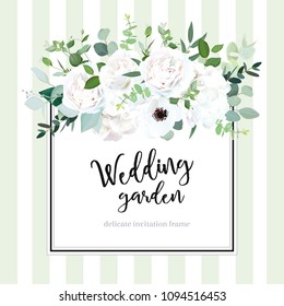 Square floral vector design card in bakery striped style. White rose, ranunculus, hydrangea, anemone, eucalyptus, greenery. Wedding card. Simple green backdrop. All elements are isolated and editable