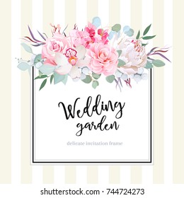 Square floral vector design card. Orchid, peony, rose, camellia, hydrangea flowers, eucalyptus, agonis. Wedding card. Simple backdrop with vertical stripes. All elements are isolated and editable.