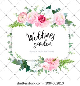 Square floral vector design frame. Pink ranunculus, red rose, white hydrangea flowers, eucalyptus, forest fern. Wedding card.Simple backdrop with princess crowns.All elements are isolated and editable