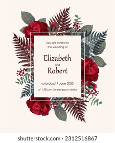 Square floral vector design frame. Red rose, eucalyptus, forest fern, berries, greenery. Wedding elegant card. 