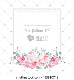 Square floral vector design frame. Orchid, rose, peony, carnation flowers and eucalyptus leaves. Simple backdrop with diagonal lines and small princess crowns. All elements are isolated and editable.