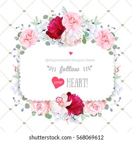 Square floral vector design frame. Orchid, peony, anemone, rose, camellia flowers. Wedding card. Simple backdrop with diagonal lines and small princess crowns. All elements are isolated and editable