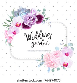 Square floral vector design frame. Purple orchid, pink rose, hydrangea, campanula flowers, carnation, succulent, green eucalyptus. Wedding card. Simple backdrop with polka dots