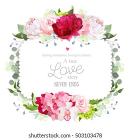 Square floral vector frame with peony, rose, carnation, orchid, hydrangea and eucalyptus. White, burgundy red and pink flowers. Invitation card. All elements are isolated and editable.