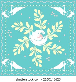 Square flower arrangement. Abstract flower, twigs and birds painted with brushes. Pattern for printing on scarves, postcards, carpets, bandanas, napkins, home textiles. Vector.