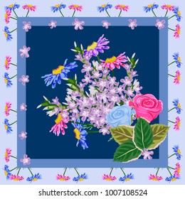 Square flower arrangement. Pattern for printing on scarves, postcards, carpets, bandanas, napkins, home textiles.