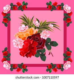Square flower arrangement. Pattern for printing on scarves, postcards, carpets, bandanas, napkins, home textiles.