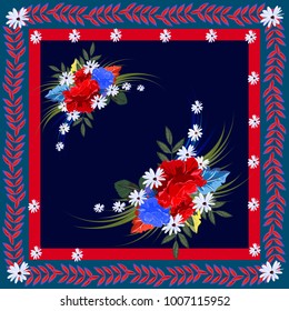 Square flower arrangement. Pattern for printing on scarves, postcards, carpets, bandanas, napkins, home textiles.