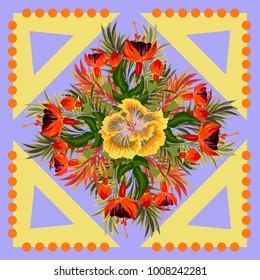 Square flower arrangement. Pattern for printing on scarves, postcards, carpets, bandanas, napkins, home textiles.Tropical design.