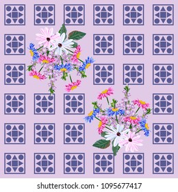 Square flower arrangement. Pattern for printing on scarves, postcards, carpets, bandanas, napkins, home textiles. Garden flowers and geometric ornament. Seamless.