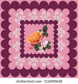 Square flower arrangement. Pattern for printing on scarves, postcards, carpets, bandanas, napkins, home textiles.