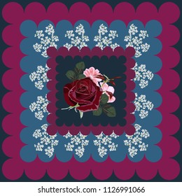 Square flower arrangement. Pattern for printing on scarves, postcards, carpets, bandanas, napkins, home textiles.