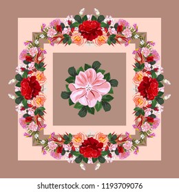 Square flower arrangement. Pattern for printing on scarves, postcards, carpets, bandanas, napkins, home textiles.