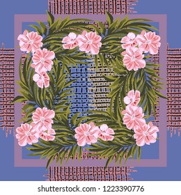 Square flower arrangement. Pattern for printing on scarves, postcards, carpets, bandanas, napkins, home textiles. Delicate pink flowers, palm leaves and wicker fabric. Flower vector background.