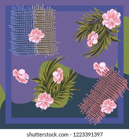 Square flower arrangement. Pattern for printing on scarves, postcards, carpets, bandanas, napkins, home textiles. Delicate pink flowers, palm leaves and wicker fabric. Flower vector background.