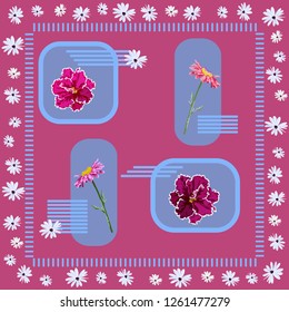 Square flower arrangement. Pattern for printing on scarves, postcards, carpets, bandanas, napkins, home textiles.