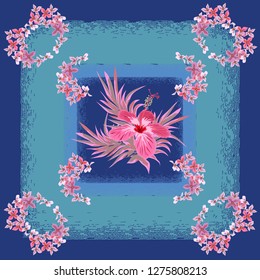 Square flower arrangement. Pattern for printing on scarves, postcards, carpets, bandanas, napkins, home textiles. Cute pink flowers on  blue background.