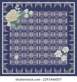 Square flower arrangement. Roses, small white flowers and geometric ornament. Pattern for printing on scarves, postcards, carpets, bandanas, napkins, home textiles. Vector.