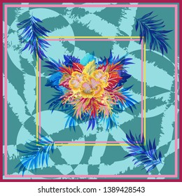 Square flower arrangement. Tropical flowers and leaves on  geometric background. Pattern for printing on scarves, postcards, carpets, bandanas, napkins, home textiles. Vector.