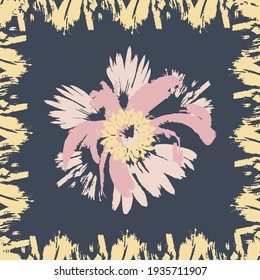 Square flower arrangement.Abstract pink and yellow flowers hand drawn with brush strokes on dark gray background . Pattern for printing on scarves, postcards, carpets, bandanas, napkins, home textiles