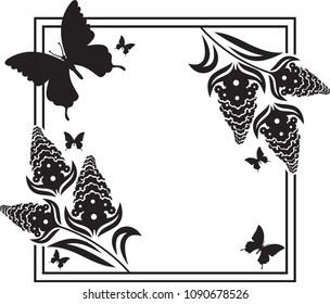 Square flower frame with butterflies silhouettes. Copy space. Vector clip art.