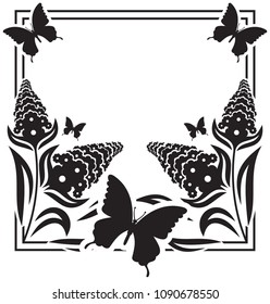 Square flower frame with butterflies silhouettes. Copy space. Vector clip art.