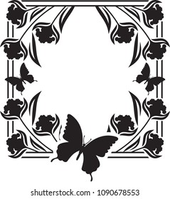 Square flower frame with butterflies silhouettes. Copy space. Vector clip art.