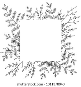 Quadro de Flor Quadrada. Quadro com flores, plantas, grama, samambaia. Desenho estilizado em preto e branco. Isolado sobre fundo branco