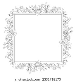 Square flower frame with roses, coloring.